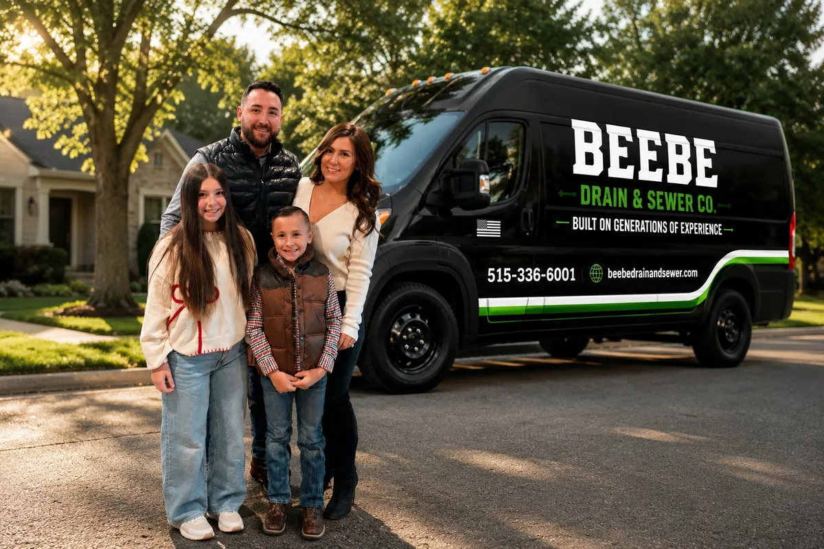 Jarrod Beebe and family in front of the Beebe Drain & Sewer Co. van